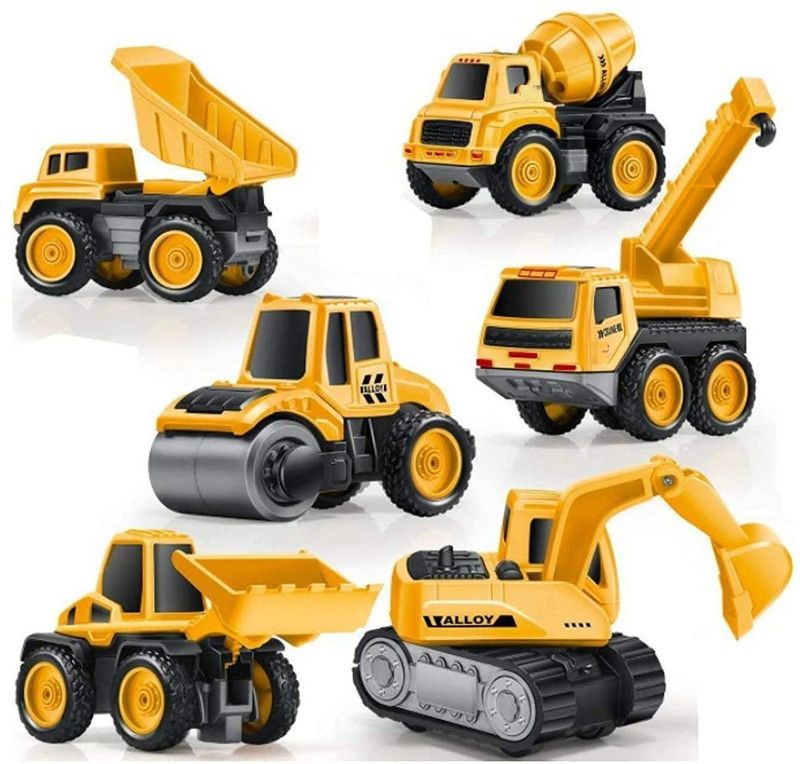 ARNIYAVALA Metal Jcb, Dumper, Road Roller, Excavator, Cement Mixer And Crane Truck Toy  (Yellow, Pack of: 6)