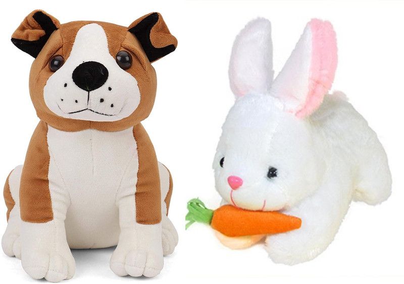 DTSM Collection Soft Toy Combo Bulldog - 30 cm And Rabbit Carrot - 25 cm  (Brown, White)