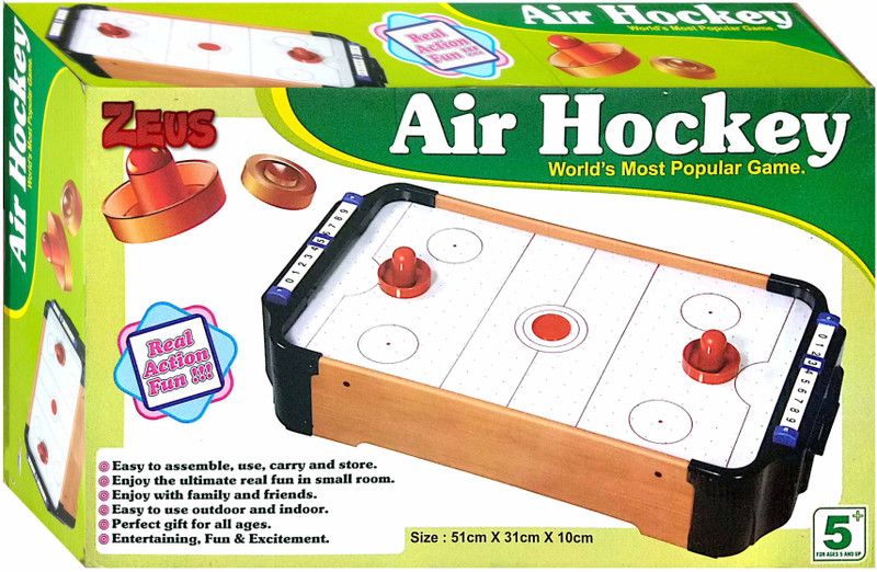 ZEUS Air Hockey Game Mini Tabletop Small airhockey indoor game play on table for kids Toy Playset Xmas Gift Arcade Family Play at home Pushers Pucks Battery operated Air Hockey Board Game