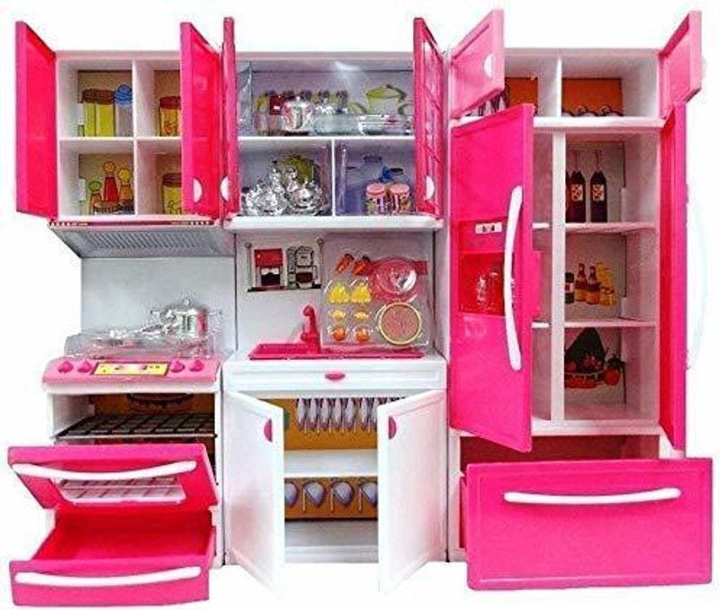 LDB ENTERPRISE Modern Barbie Kitchen Toy Princess Set for Baby Girl Battery Operated Play Set with Refrigerator Accessories Fruits Music and Lights Pretend Play Toy Birthday Gift for Kids(Multicolor)