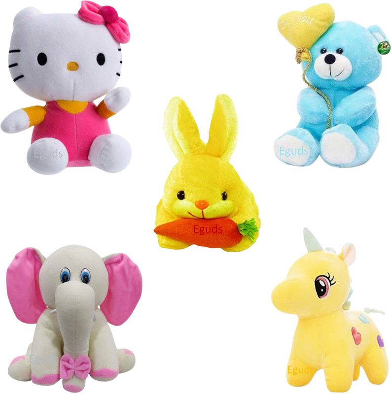 Eguds Adorable and lovable set of 5 super soft stuffed toys in beautiful shades of rabbit, unicorn, hello kitty, teddy bear, elephant/ special gift for kids, birthdays and anniversaries/ home decoration - 25 cm  (Pink, Blue, Yellow)