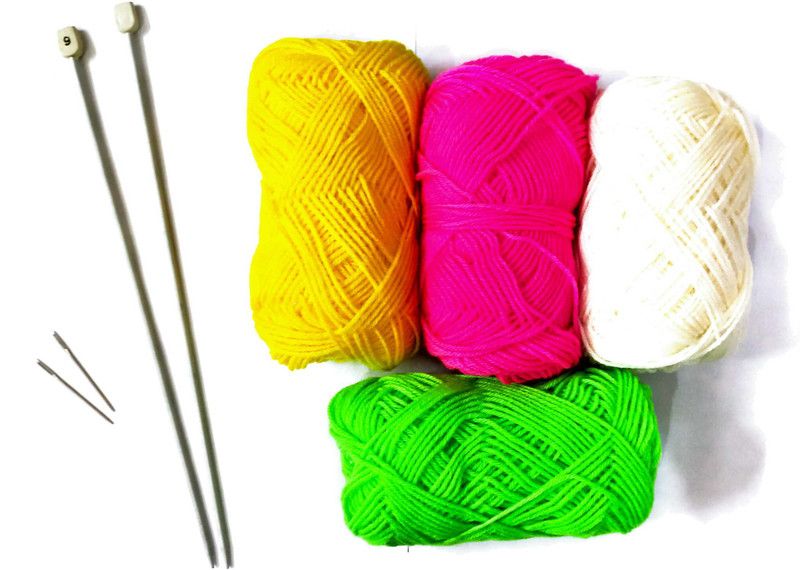 KHUSHA CREATIONS 4 pieces of Wool Hand Knitting Yarn , Crochet Hook Yarn , DIY , Art & Craft with 2 Knitting Needle of number 9 , Big Eye Needles ( 4 Ply wool of 25 grams each )