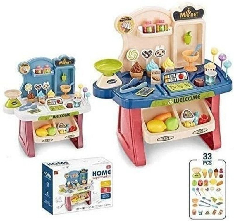 Kp Enterprise Educational Early Development Pretend Play Mini Supermarket,Cash Register,Shopping Cart Toy Set,Pack of 33 Pieces,ABS Plastic (Multi Color) (Mini Market)
