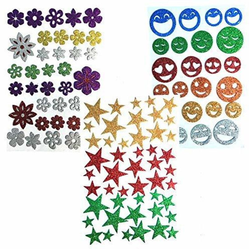 SHARMA BUSINESS Glitter Foam Self Adhesive Stickers for Art & Craft for Kids - Set of 3 Sheets (Flowers, Stars & Smileys)
