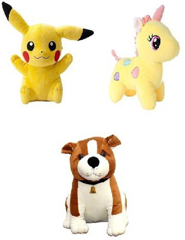 AURA SPACE Combo of Pikachu Bulldog and Unicorn Best Soft Teddy Bear - 13 cm  (Multicolor)
