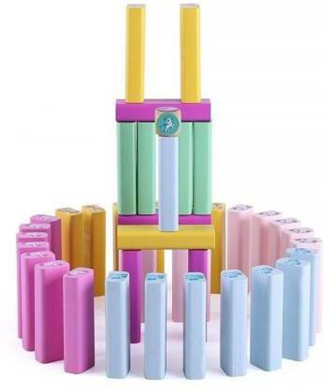 VRUX Wooden Blocks 54 Pcs Challenging Color Wooden Tumbling Tower, Wooden Zenga Unicorn Toys with Dices Board Educational Puzzle Game for Adults and Kids. Kids  (Multicolor)