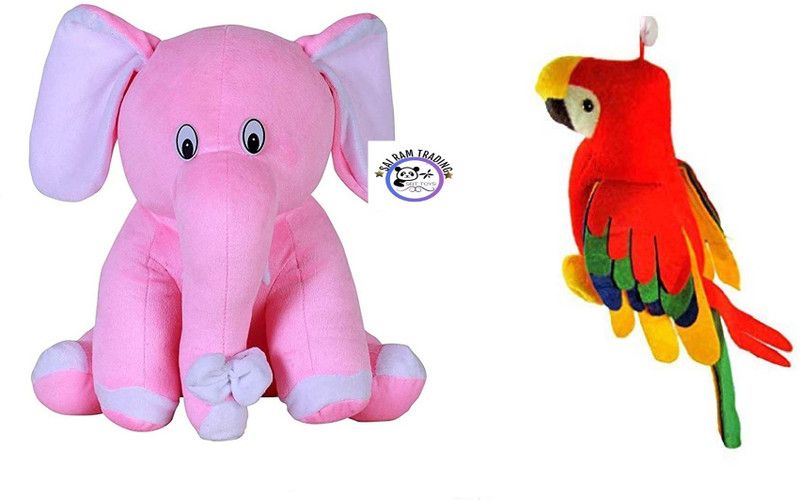 SRT TOYS Pink Elephant 25 CM & Parrot Combo Soft Toy - 25 cm  (Pink, Red)
