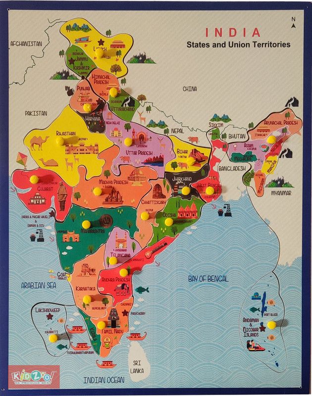 Kidzoo India Map Wooden Puzzle With Important Picture- India Map For Knowledge & Learning Map Puzzle, Board Game Best Gift For Kids ( MultiColor) - 20 Pieces - Size 12" x 15" inches  (20 Pieces)