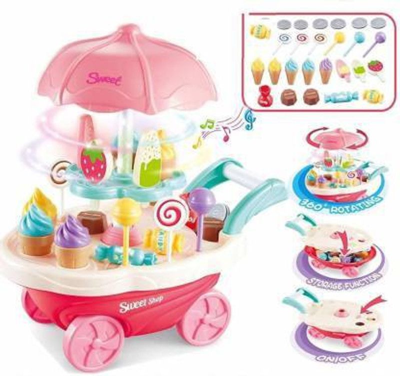 NISWA 30pcs Mini Sweet Cart Pretend Play Ice Cream Sweet Shop Lighting Music Children Educational Plastic Coplay Kitchen Toys Set