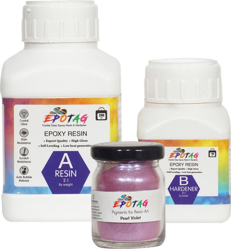 Epotag Epoxy Resin and Hardener Kit Crystal Clear for Jewelry DIY Art Crafts Cast Coating Wood,Easy Cast Resin (300 Gms) With Art Resin Pigment - Pearl Violet- 20g