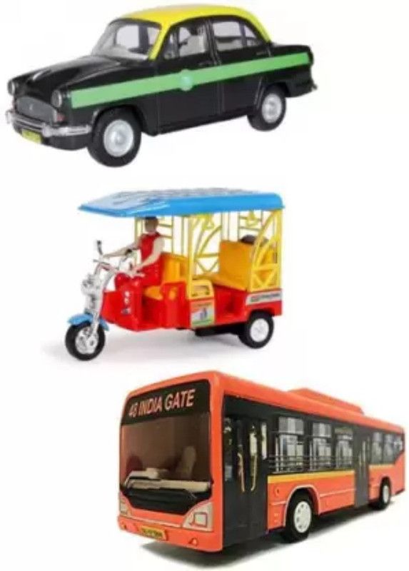 Hum Enterprise Orange Low Floor Bus , E-Ricksaw & Taxi Car  (Orange, Green, Yellow, Red, Pack of: 3)