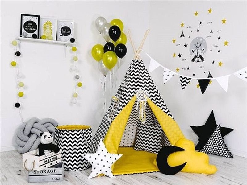 Nyra Decor Portable Teepee Tents with Padded Mat and Cushions Free Kit Bag Black zig zag  (Black, Yellow)