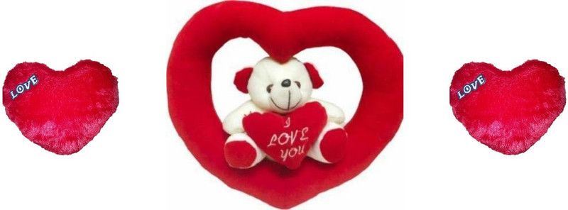 Agnolia Gift Basket 2 Love heart cushions with Hanging Red heart Teddy for valentine/anniversary/birthday/girl/boy Soft toy 26 cm - 26 cm  (Multicolor)