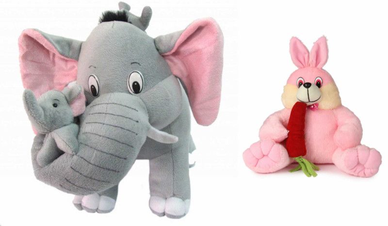 Deals India Mother Elephant With 2 Babies Soft Toy - 38 cm and Bunny with carrot(30 cm) combo - 38 cm  (Multicolor)