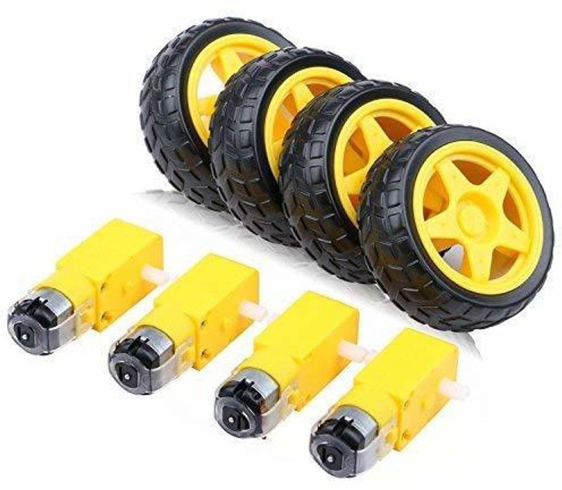 Grahikum DC Gearbox Motor TT Motor With Tire Wheel DC 3-6V (Set of 4) Electronic Components Electronic Hobby Kit