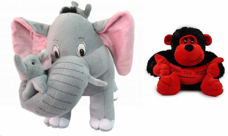 Deals India Mother Elephant With 2 Babies Soft Toy - 38 cm and Banana monkey (30 cm) combo - 38 cm  (Multicolor)