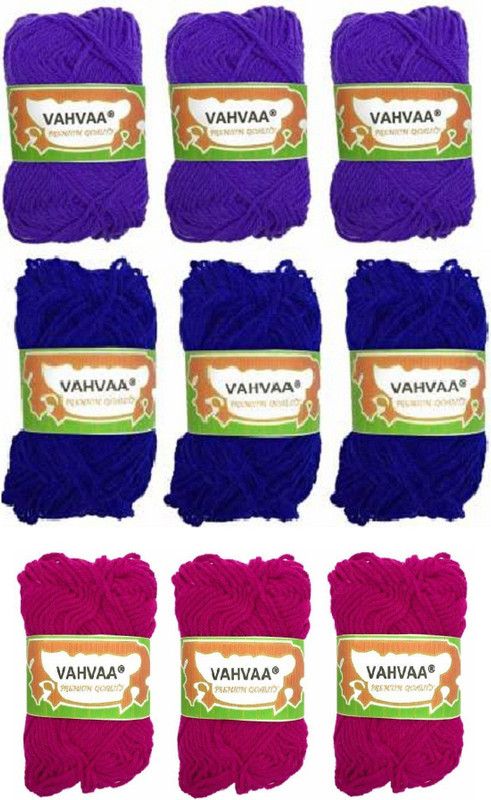 vahvaa Hand Crochet Knitting Art Craft Soft Fingering Hook Yarn, Needle Knitting Thread Dyed Yarn Violet Blue Dark Pink Color Pack Of 9