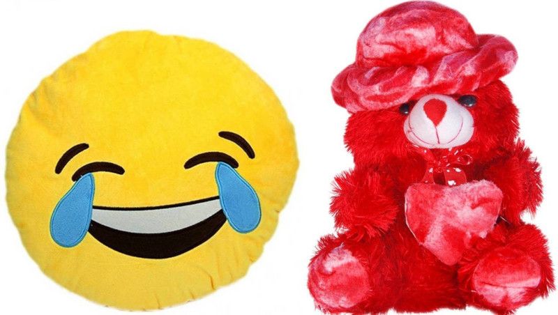 Agnolia Gift Gallery Smiley cushion 35cm-Laughing Tear Eye with Red Cap Teddy - 32 cm  (Multicolor)