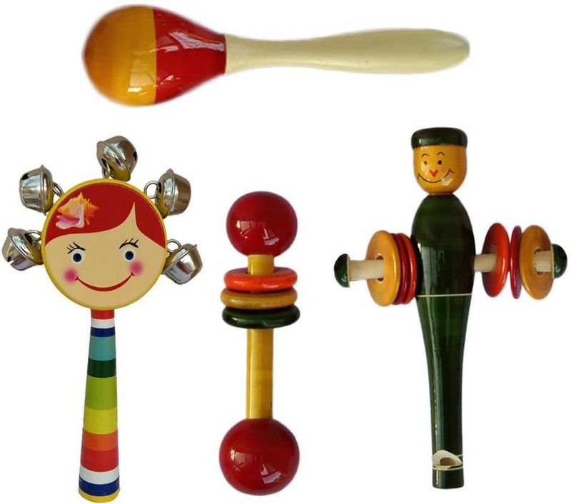 Homekrafts Eco-friendly Wooden Non Toxic set of 4 new born baby Rattles 0 to 2 years babies Rattle  (Multicolor)