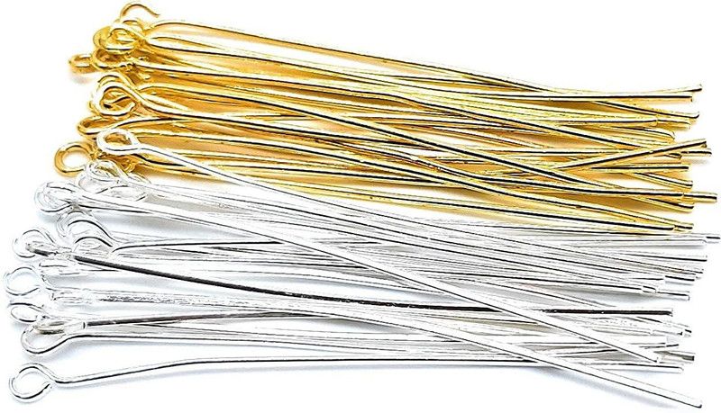 Crafto DIY Combo of 100 Pieces Gold Plated and 100 pcs.+ Silver Plated Eye Pins for Jewellery Making/Findings (Pack of 200 Pcs. Size-50x0.8 mm)