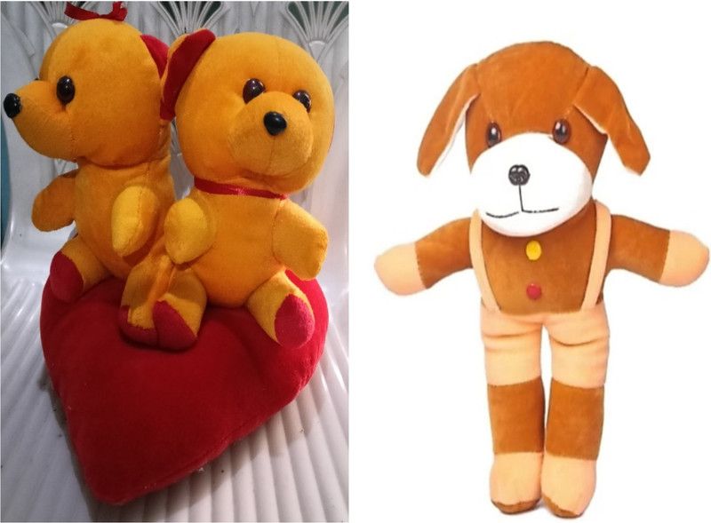 UNIQUE SKB TRADERS Yellow Couple Teddy On Red Heart With Pant Dog - 30 cm  (Multicolor)