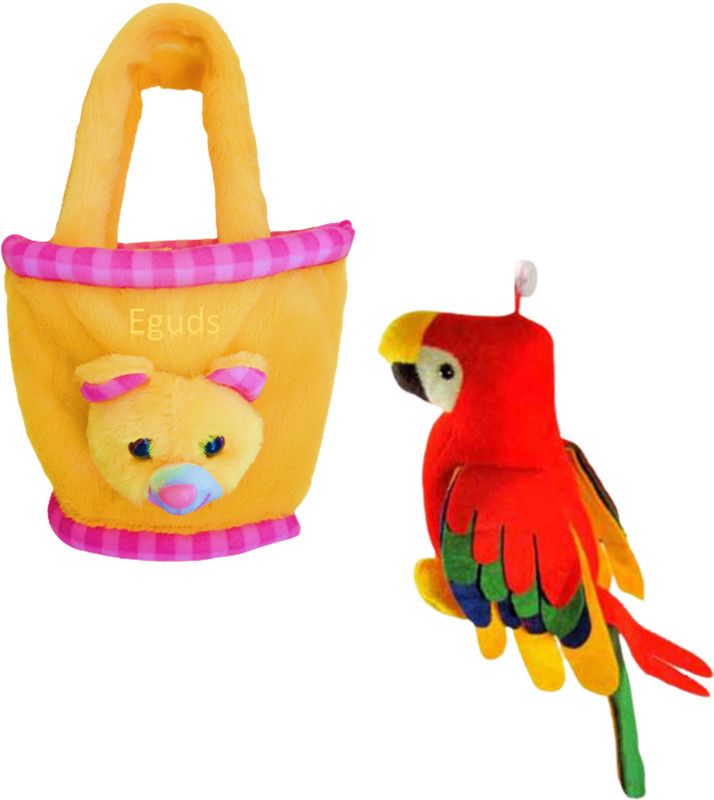 Eguds Premium quality exclusive combo of super soft plush toys / basketbag and musical parrot / for kids , special occasions & home decoration - 25 cm  (Yellow, Red)