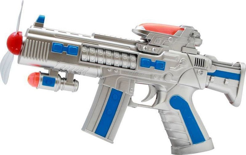 Bubbly Giggles Space Gun Toy With LED Matrix Flashing Rotating Fan, Musical Battery Operated, Assorted Color, Multi Color (Silver) Guns & Darts  (Multicolor)