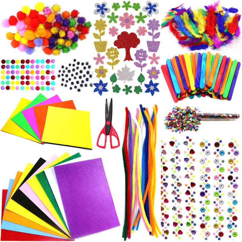 JHINTEMETIC DIY Art Craft Kit for Kids Pompoms Pipe Cleaners Ice Cream Sticks Feather Foam & Glitter Flowers Crystal Sticker Felt Wiggle Googly Eyes Sequins Colorful Buttons & Paper Supplies for DIY Craft Projects