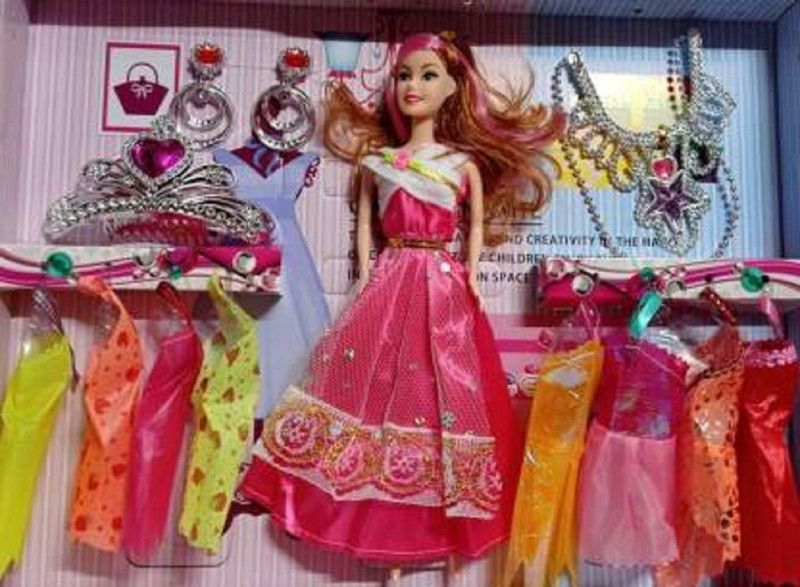 KENZAI Elegant Doll Set with Accessories". One Doll with 1 Neckless/1 Crown/ 1 Earring / 6 Dresses. Doll Set with Pink Slippers Doll (Multicolor)  (Multicolor)