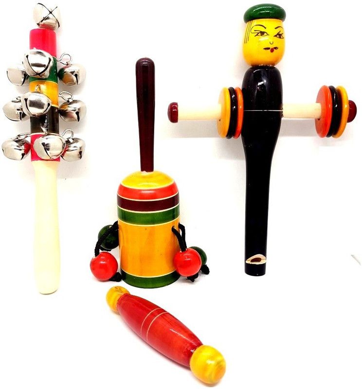 Toys Ka Story Handmade Set of 4 Eco-friendly wooden Baby Tether baby Rattle  (Multicolor)