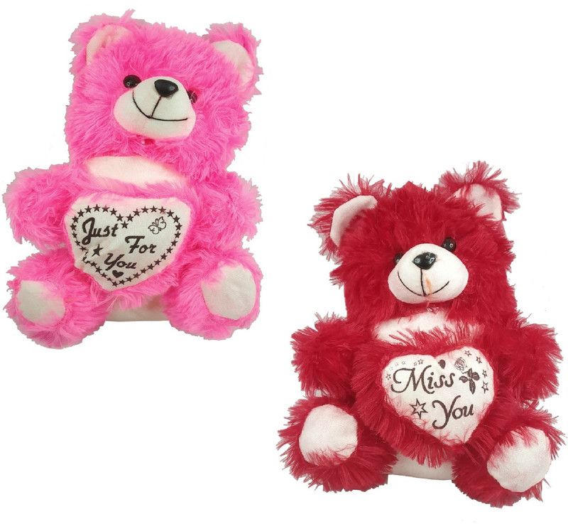 De-Ultimate Pack of 2 (Size:21x25cm) Pink & Red Teddy Bear Soft Fur Stuffed Toy For Kids - 25 cm  (Multicolor)