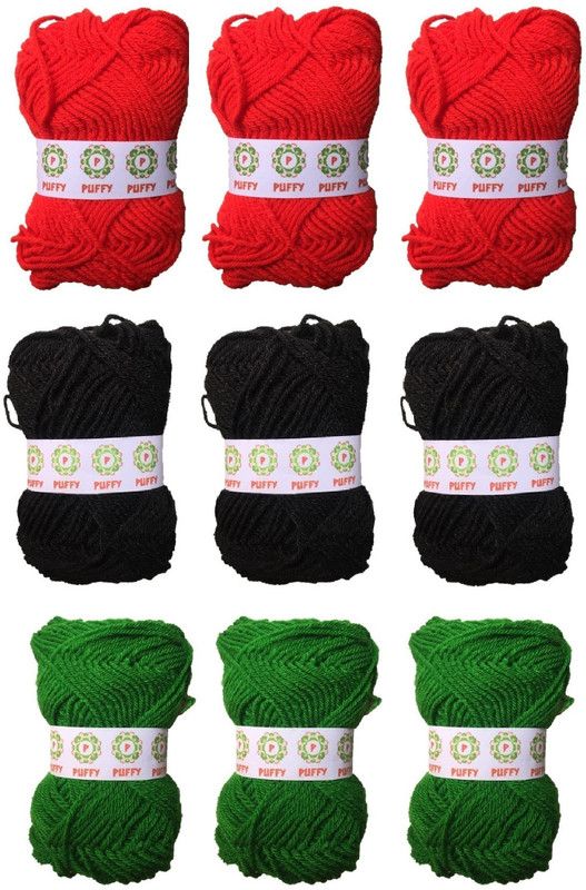 puffy Hand Knitting Art Craft Soft Fingering Crochet Hook Yarn, Needle Knitting Thread For Wool Ball Hand Knitting Art Craft Soft Fingering Yarn, Needle Knitting Thread Dyed Black Light Green And Light Red Color (Pack Of 9)
