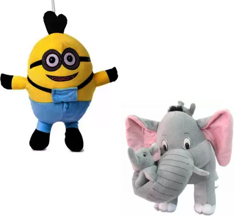 KPN Combo pack of Minion and mother elephant with baby - 30 cm  (Multicolor)