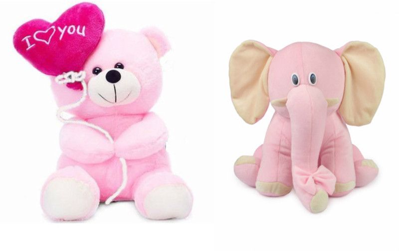 Deals India Deals India I Love You Balloon Heart Teddy Pink 20 cm and Pink Elephant (25 cm) combo - 20 cm  (Multicolor)