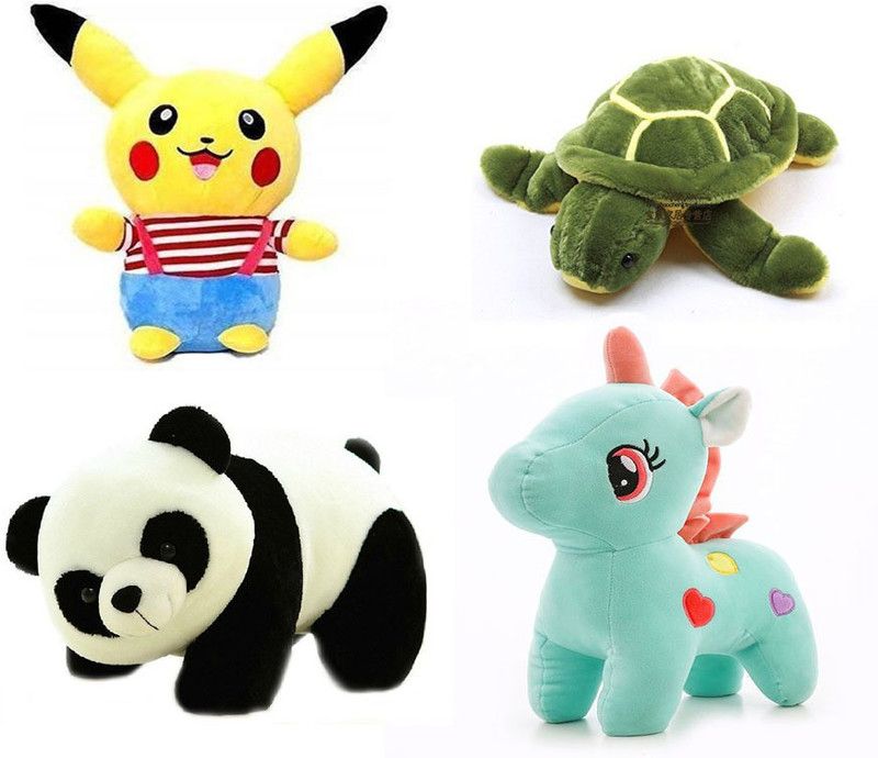 DESTINO VERY CUTEST HIGH QUALITY FOR SOMEONE SPECIAL 4 COMBO SET OF PICACHU,UNICORN,TURTLE,PANDA SOFT TOY - 30 cm  (Green, Black, Yellow, SKYBLUE)
