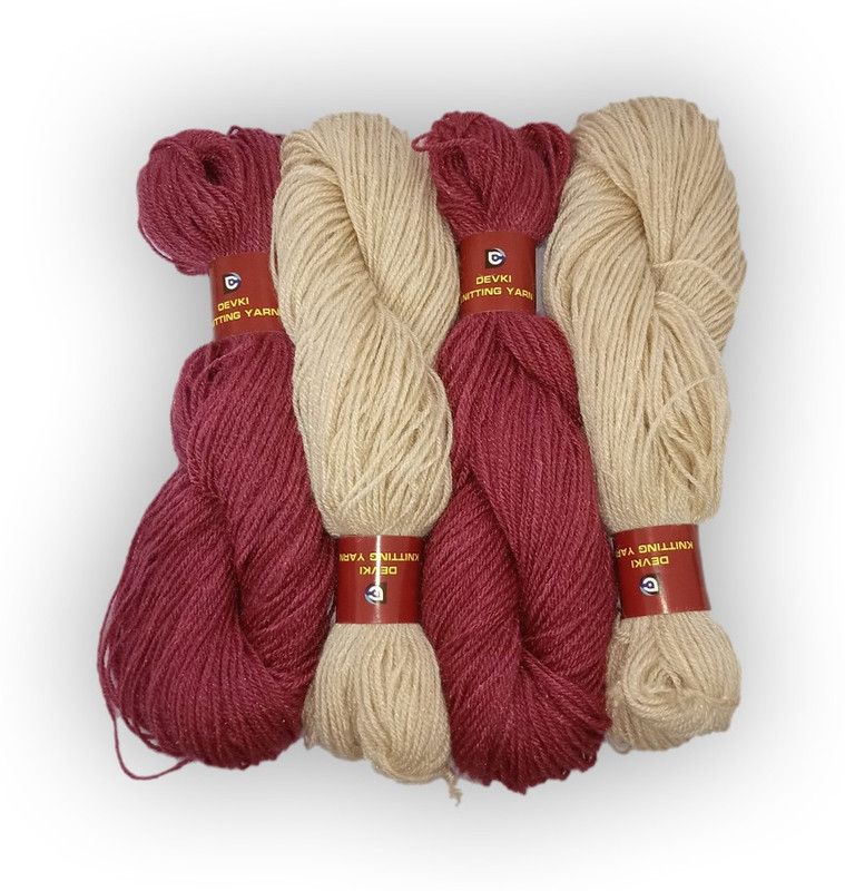 devki knitting yarn PACK OF 200 gm YARN . MULBERRY & COCONUT WHITE COLOR .