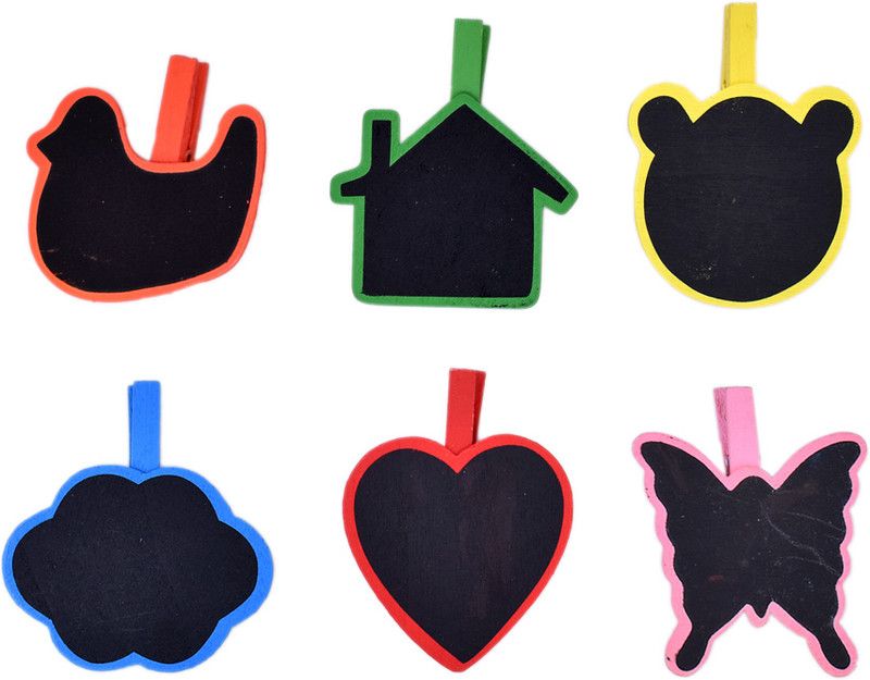 Unobite Wooden Multishape Black Chalkboard Clip for School Projects, DIY Projects, Crafts etc.(Pack of 6)