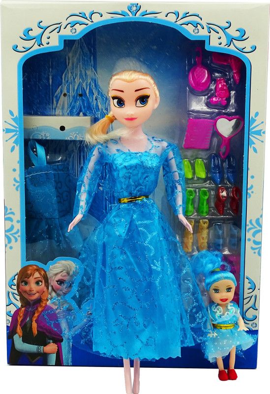 poksi Frozen Elsa Doll with mini doll, Dress, 8 pair of shoes and few makeup accessories.  (Blue)