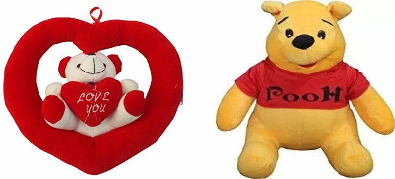 Sanvidecors Gift Basket Winnie the Pooh with Hanging Red heart Teddy Soft toy 27 cm - 27 cm  (Multicolor)