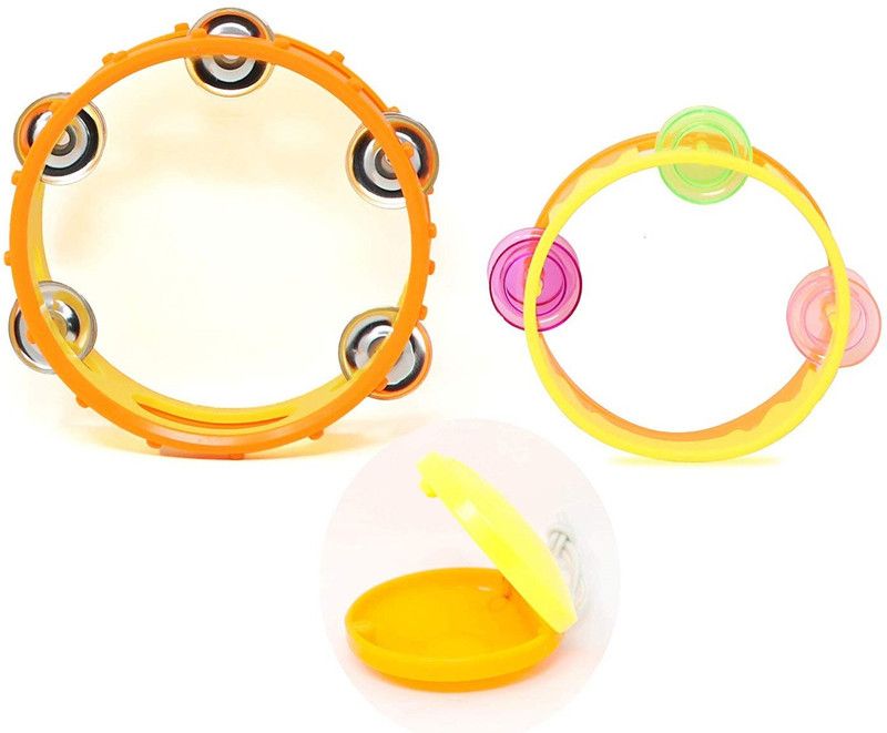FIDDLERZ 3 in 1 Baby Musical Dafli Rattles Toy Set , 6 Inch Handheld Tambourine Hand Bell Percussion Musical Toy for Babies - 2 Pcs Tambourine & 1 Pc Castanet Rattle  (Multicolor)