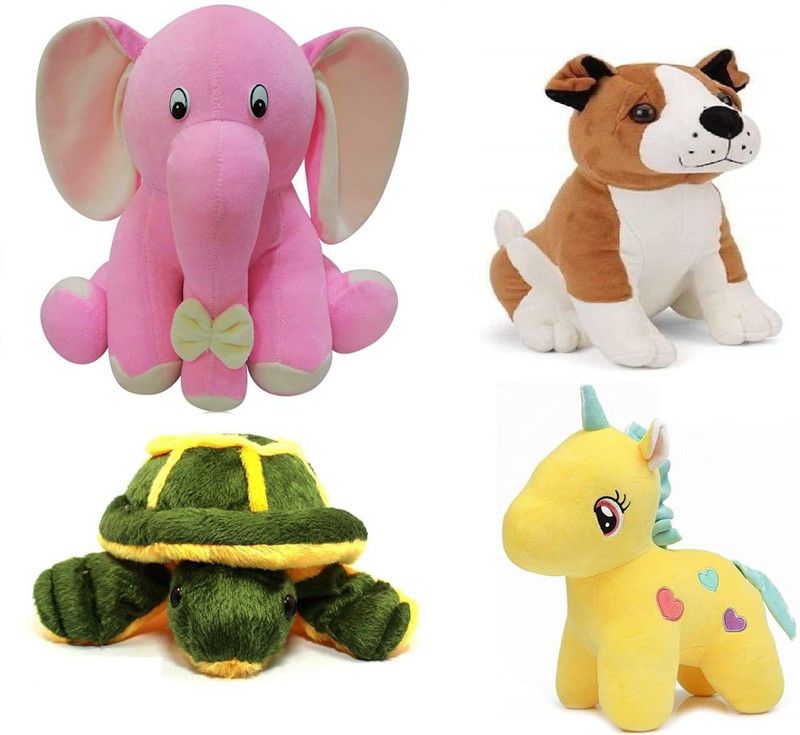 Liquortees Soft Teddy Bear Animal Combo Pack of 4 Bull Dog , Unicorn , Elephant , Turtle - 30 cm  (Multicolor)