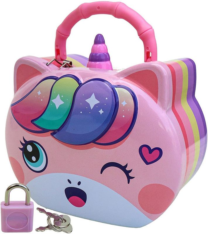 Funrally Unicorn Theme Oval Face Shape Kids Money Bank for Kids with Lock and Key