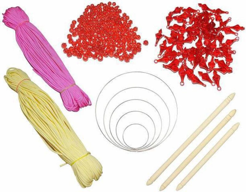 UVV set of 2(pink, cream) multi colour colour macrame 100 beads ,50 bells(read colour), 5 rings ,3 stick