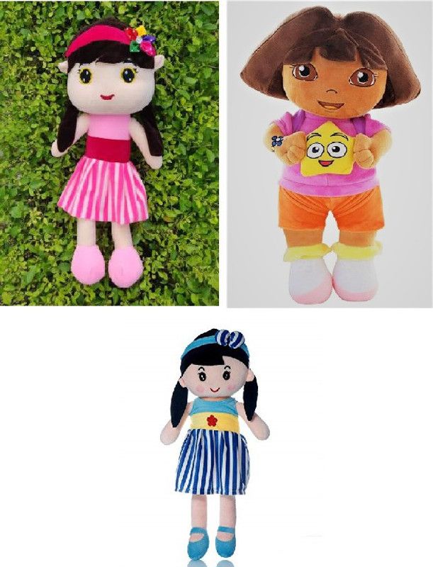 P I SOFT TOYS 35cm soft and cute doll combo (dora doll + shizuka doll + curly blue doll ) for cute kids - 35 cm  (mulicolor)