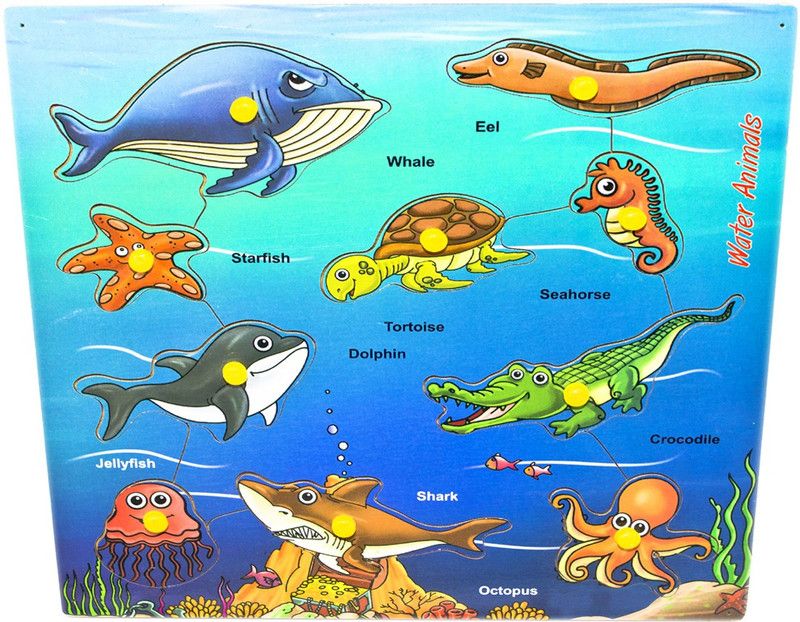 Toyvala WOODEN VARIOUS WATER/SEA/AQUATIC ANIMAL SPECIES EASY TO LEARN LEARNING EDUCATIONAL BOARD  (Multicolor)