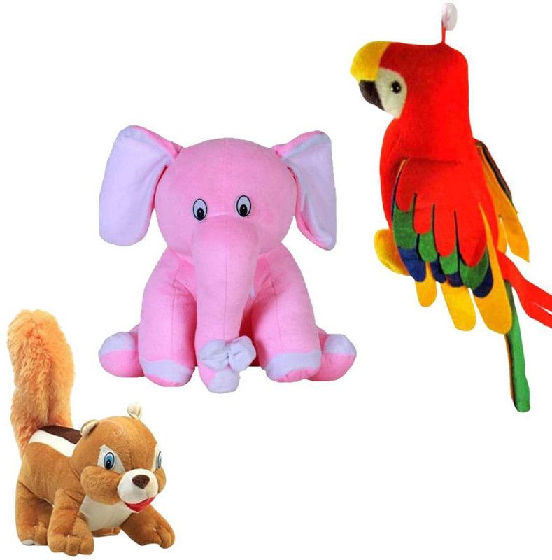 STYLOSOFT Very cute Pack of Baby Sitting Elephant , Squirrel , Parrot soft and stuffed toys for your loved ones (teddy bear) - 25 cm  (Red, Pink)