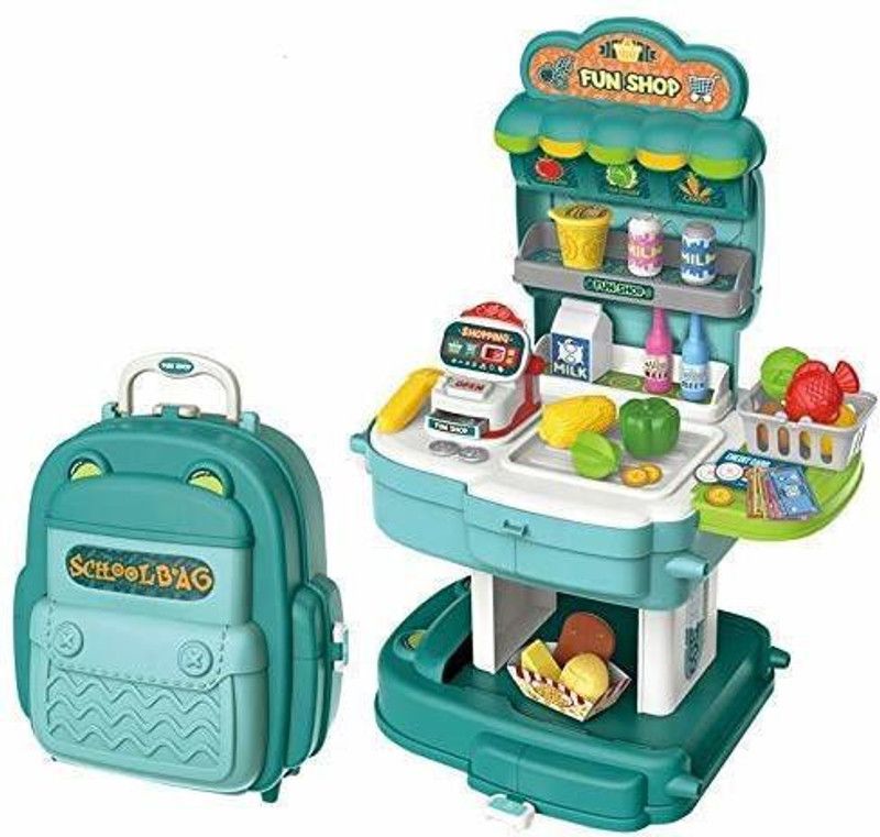 jmv 2 in 1 kids school bag turn into supermarket play set portable suitcase toy 37 pcs for kids