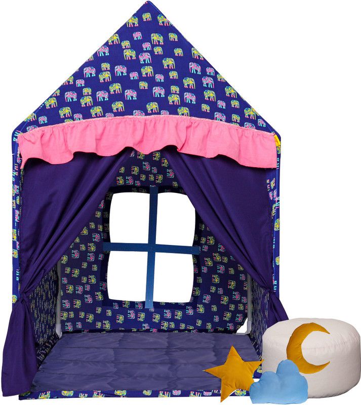 Second May Kids Canvas Play house multi color tent small Size with Quilt, Bean Bag and Cushion Set  (Blue)