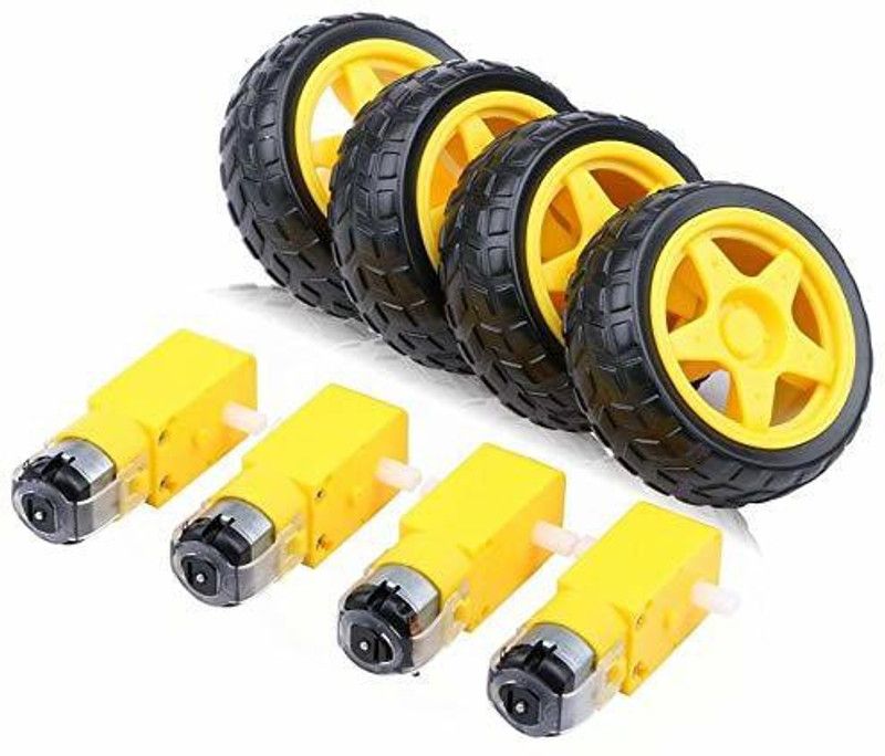 ERH India 4 Pcs Electric Dual Shaft Motor with Tire Wheel 3-6V Dual Shaft Gear Motor Motor Control Electronic Hobby Kit