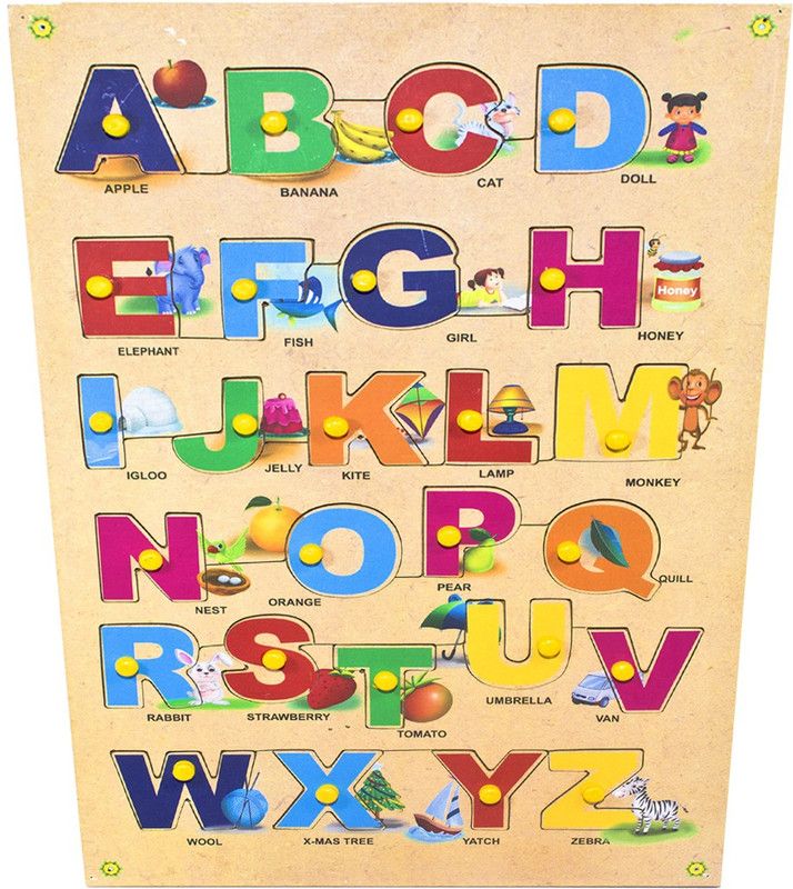 Toyvala WOODEN A-Z ENGLISH ALPHABESTS/LETTERS CAPITAL/UPPERCASE WITH PICTURES EASY TO LEARN LEARNING EDUCATIONAL BOARD  (Multicolor)